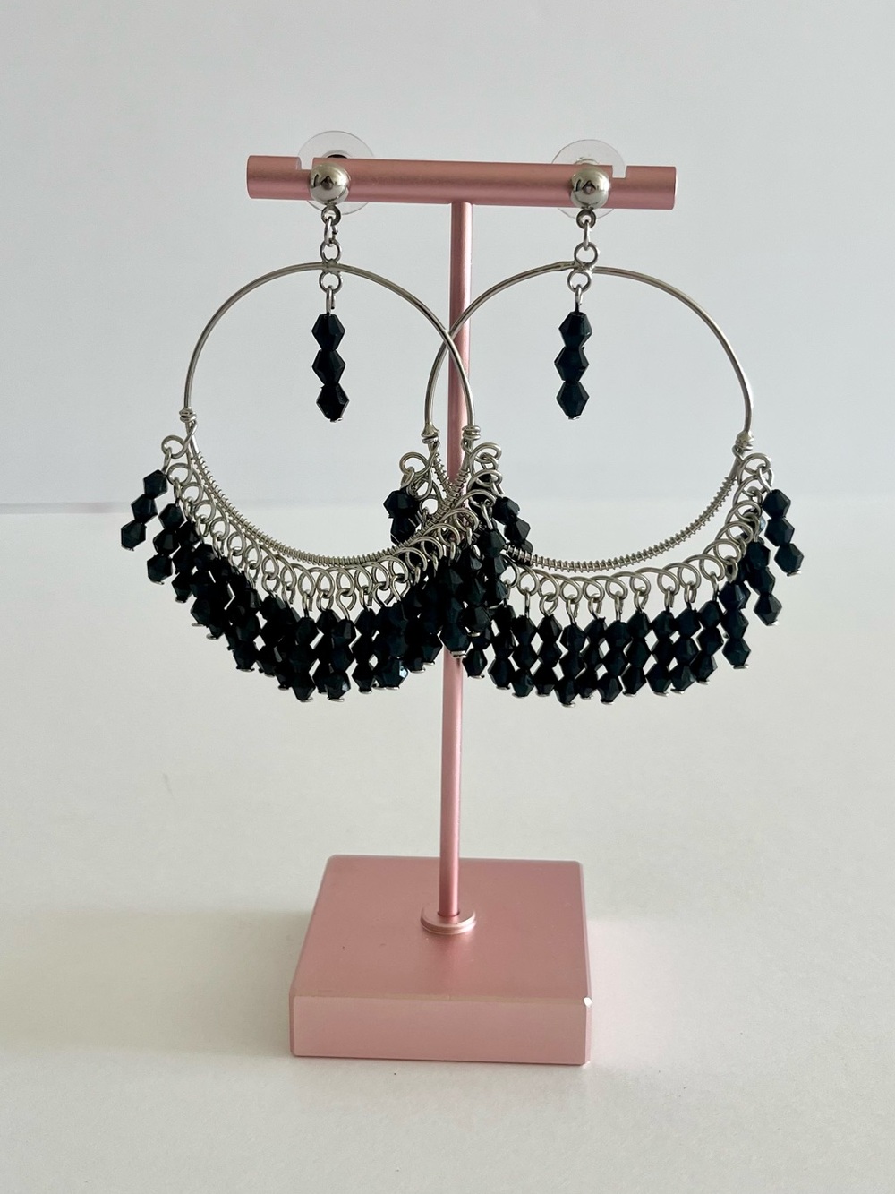 Silver Tone Black Beaded Chandelier Statement Hoop Earrings